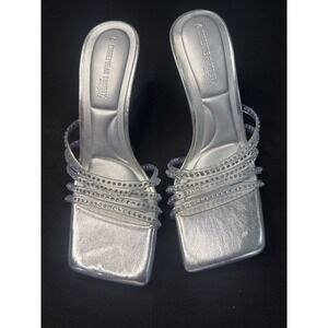 Streetwear Society Womens Silver Metallic Rhinestone Square Toe Stiletto Heels 6